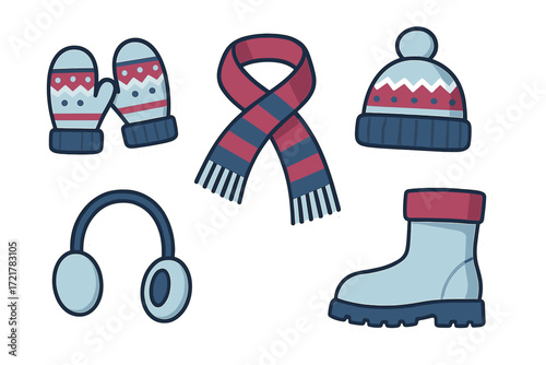 Warm winter accessories including mittens, hat, scarf, earmuffs, and boots arranged together in a playful layout