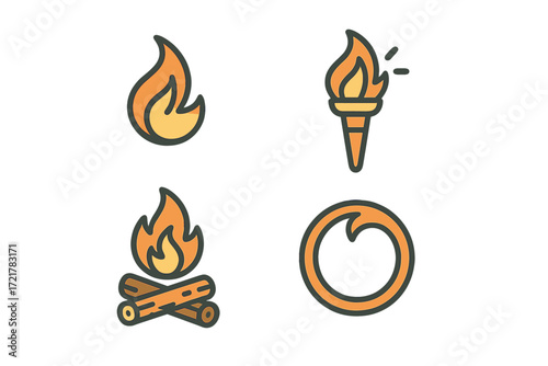 Various flame icons showcasing fire elements, campfires, and torches in a bright, vivid style for creative design purposes