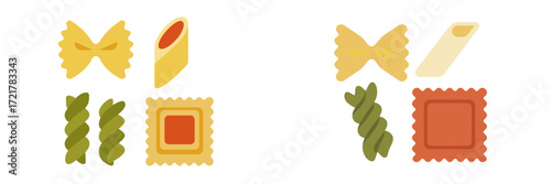 Various types of pasta displayed on a simple white background in colorful and playful designs