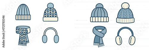 Winter accessories including knitted hats, scarves, and earmuffs arranged in a colorful layout showcasing styles and patterns
