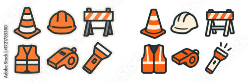 Construction safety gear and tools displayed in orange, signifying worksite readiness and caution