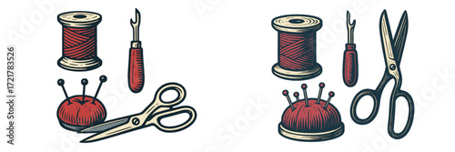 Crafting tools display sewing essentials like spools, scissors, and pin cushions for creative projects
