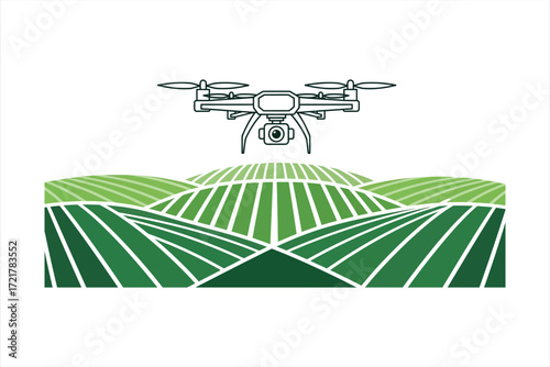 Drone flying over stylized green agricultural fields with geometric patterns agriculture farm