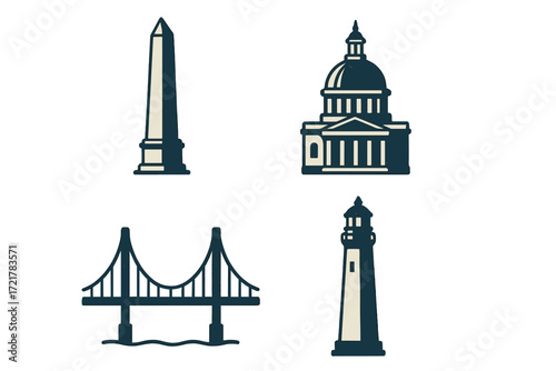Landmarks of a city depicted with simple silhouettes showcasing cultural and historical elements during daylight hours