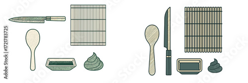 Sushi preparation tools displayed on a wooden surface showcasing various utensils and condiments in a Japanese kitchen setting