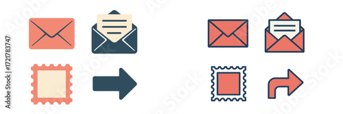Variety of envelopes and stamps depicting mail delivery and communication methods in a simple graphic design