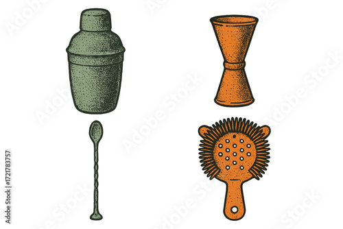 Tools for making cocktails displayed on a plain background for a bar setting