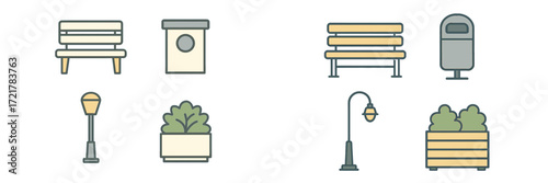 Park furniture design sketches featuring benches, trash bins, lamps, and planters arranged in a clear and simple layout