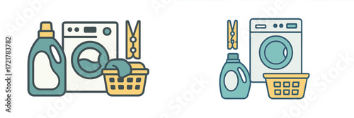 Laundry setup with washing machine, detergent, and clothes basket in a modern home environment