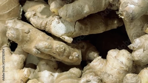 High-resolution close-up video of fresh root ginger on rustic wood, highlighting natural texture—ideal for spices, organic cooking, herbal remedies, wellness visuals, and healthy recipe content.