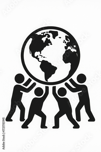 Vertical vector illustration of businesspeople holding up a large globe together, symbolizing teamwork, global unity, international cooperation, and partnership for corporate growth, success