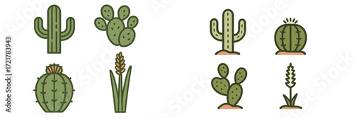 Collection of assorted cacti and succulent plants in simple, colorful designs showcasing unique shapes and textures