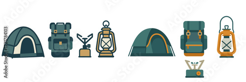 Camping gear collection featuring tents, backpacks, and lanterns for outdoor adventures and exploration