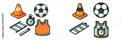 Sports equipment for soccer training includes cones, balls, jerseys, and stopwatches set on a plain background