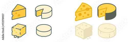 Different types of cheese displayed with various shapes and textures on a simple background