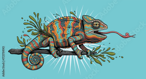 A colorful chameleon hunts an insect on a branch with green leaves.