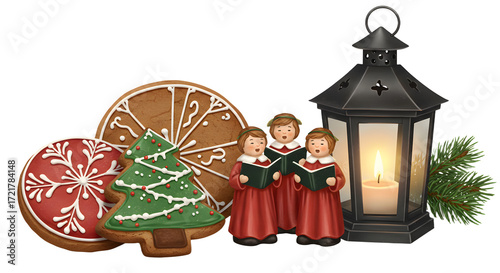 Christmas cookies shaped like tree and round with icing alongside candle lantern and carol singers figurines, festive holiday decoration perfect for winter celebrations