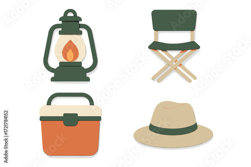 Various outdoor camping items including a lantern, folding chair, cooler, and hat designed for outdoor adventures