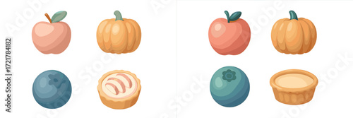Colorful illustration of fruits and desserts with an autumn theme featuring pumpkins, apples, berries, and pies