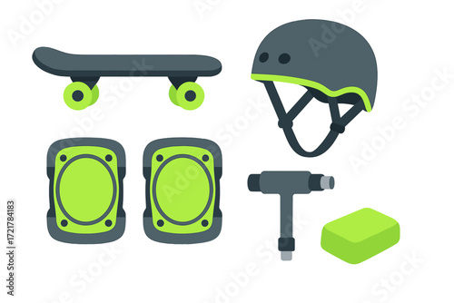 Skateboarding safety gear including helmet, pads, and skateboard for beginners and enthusiasts