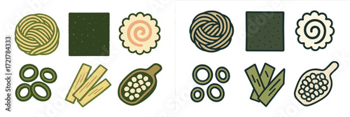 Colorful illustrations of different types of noodles and vegetables arranged in two rows on a clean background