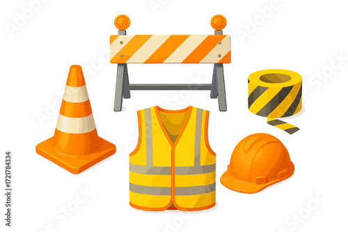 Construction safety gear and signs with barriers, cones, and helmets for roadwork