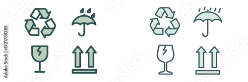 Symbols representing recycling, protection from rain, and fragile items in a simple, modern style