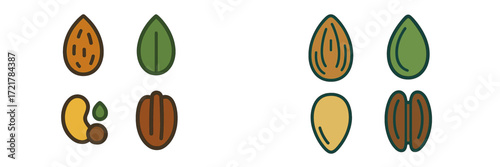 Nut and Seed Illustration showing various types and colors in a simple, clear style