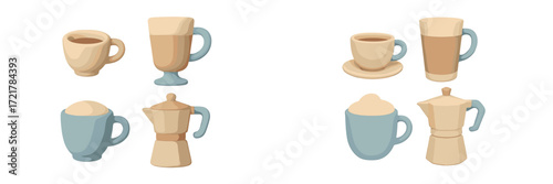 Variety of ceramic coffee cups and pots arranged with different designs and colors for serving beverages