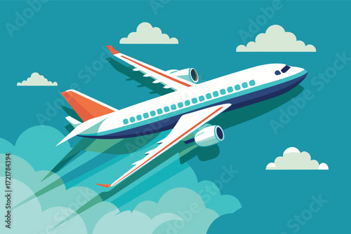 Bright airplane flying through a clear blue sky filled with fluffy clouds