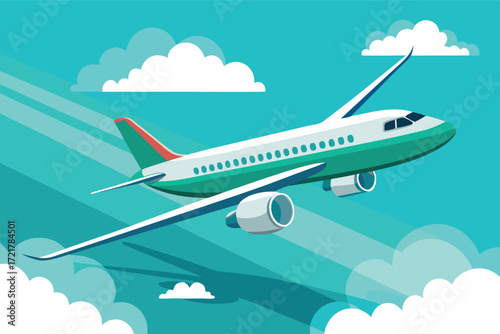 Airplane flying high in the sky with colorful clouds and bright blue background
