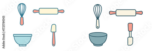 Various baking tools arranged in two sets, highlighting kitchen essentials for cooking and baking activities