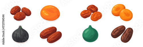 Colorful assortment of dried fruits and nuts arranged neatly on a white background for a healthy snack option