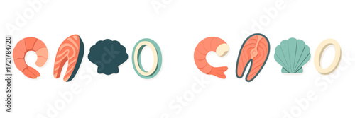 Colorful seafood illustrations featuring shrimp and shells in a playful arrangement on a white background