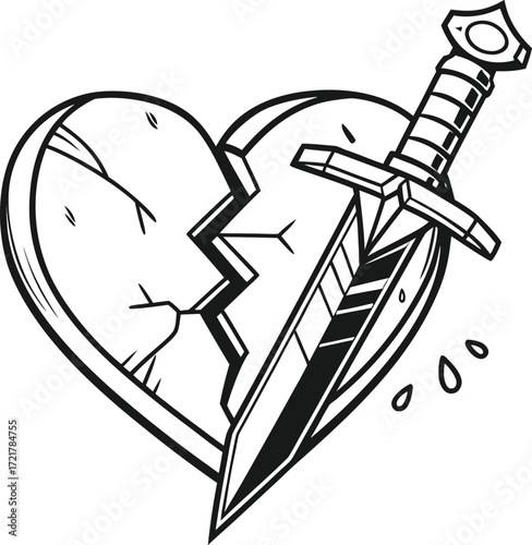 Broken heart pierced by dagger symbolizing betrayal and painful loss isolated on transparent background