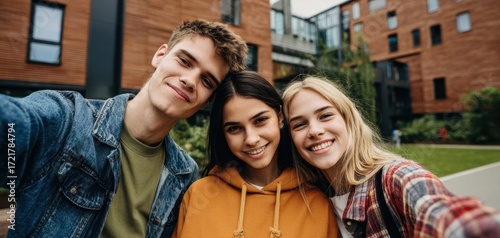 The three friends taking a casual outdoor selfie near modern student housing