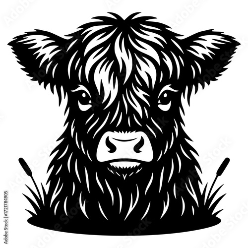 Fluffy highland cow head surrounded by tall grass, cattle, farm animal, rural, livestock, farm