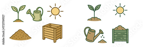 Illustrations of gardening activities with seedlings, watering cans, and composting in a sunny setting