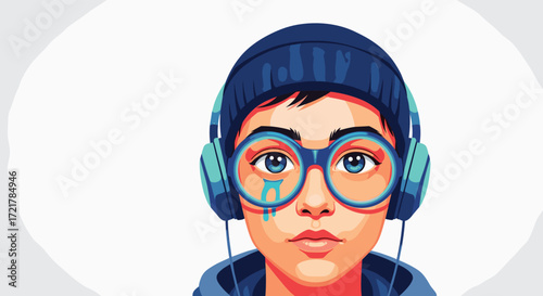Young person wearing headphones and glasses listening to music on a white background.