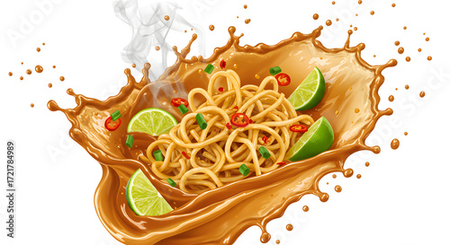 Delicious spicy noodles with lime and chili splashing in flavorful sauce, perfect for food menus and cooking blogs