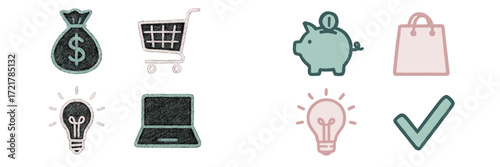 Symbols representing finance and shopping: money, savings, ideas, and online shopping
