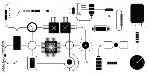 Electrical Symbols Vector Set,  Resistor, Capacitor, Diode, Transistor, Battery, and Switch Icons for Circuit Schematics, Engineering Projects, Electronics Design, Technical Illustrations, and Educati