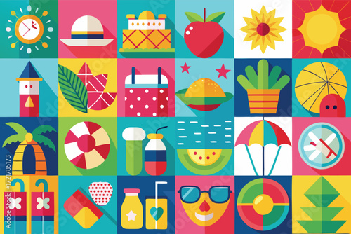 Colorful summer-themed icons arranged in a vibrant grid celebrating fun outdoor activities and relaxation