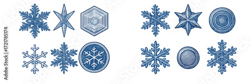 Various intricate snowflake designs in blue tones on a light background used for winter decorations or crafts