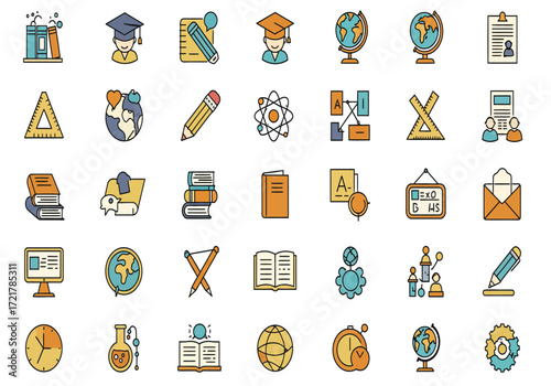 Collection of diverse educational and academic icons representing learning knowledge and school supplies in a vibrant and colorful illustration