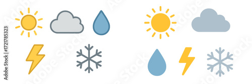 Weather symbols showing sunny, cloudy, rainy, snowy, and stormy conditions in a simple and clear design