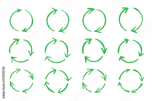 Set of hand drawn recycle arrow icon Recycling resources symbol Reuse of materials, zero waste, green environment, saving the planet
