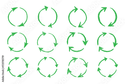 Set of hand drawn recycle arrow icon Recycling resources symbol Reuse of materials, zero waste, green environment, saving the planet