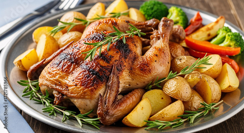 Roasted chicken with potatoes and vegetables on a platter.