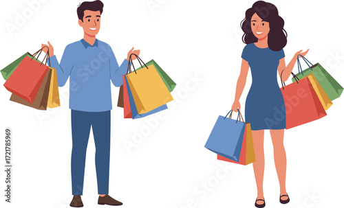 Happy man and woman shopping, holding colorful bags, retail lifestyle, consumer behavior, fashion, mall spree, urban style, cheerful illustration